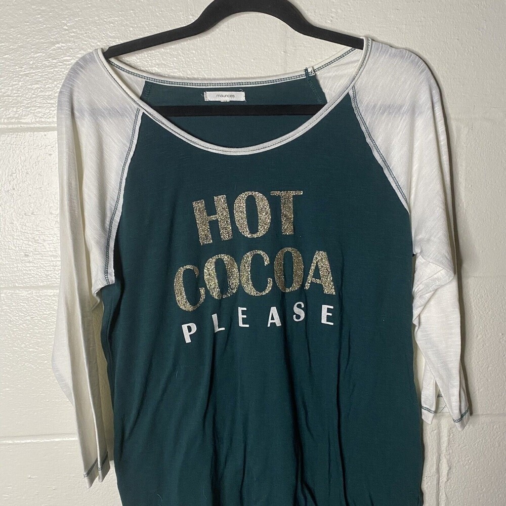 Maurices Size L Hot Cocoa Please Holiday Graphic T Shirt 3/4 Raglan Green White - Picture 3 of 7